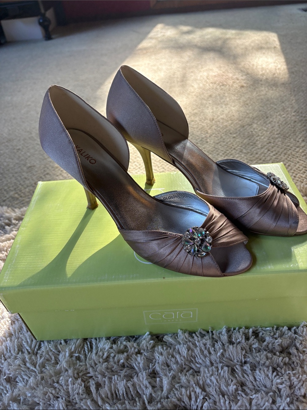 KALIKO Metallic Bronze Open-Toe Heels with Jewel Accent